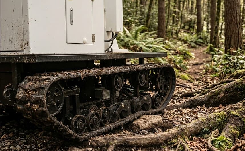ATLAS ground platform on rugged all-terrain tracks navigating through forest